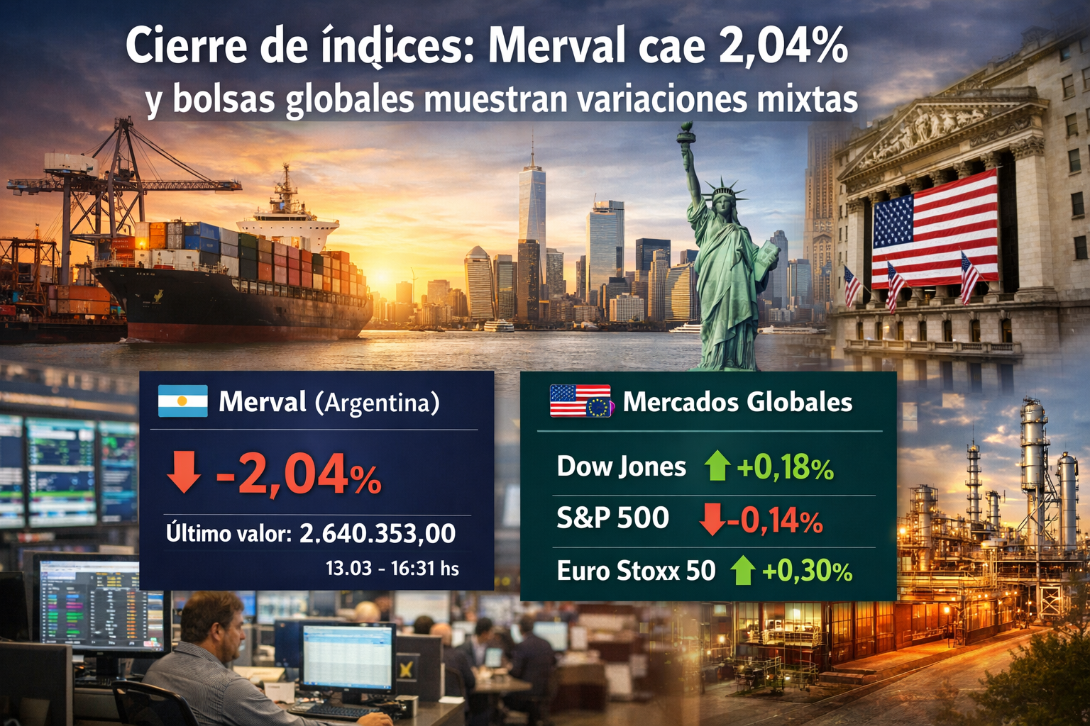 Cierre de índices: Merval cae 2,04% y bolsas globales muestran variaciones mixtas